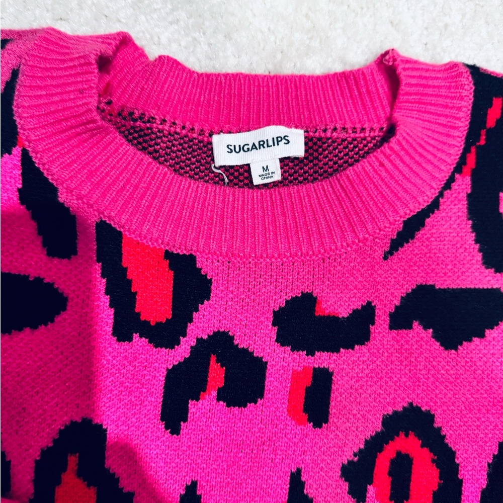 Sugarlips Pink and Black Leopard Print/Animal print Sweater - Picture 4 of 6